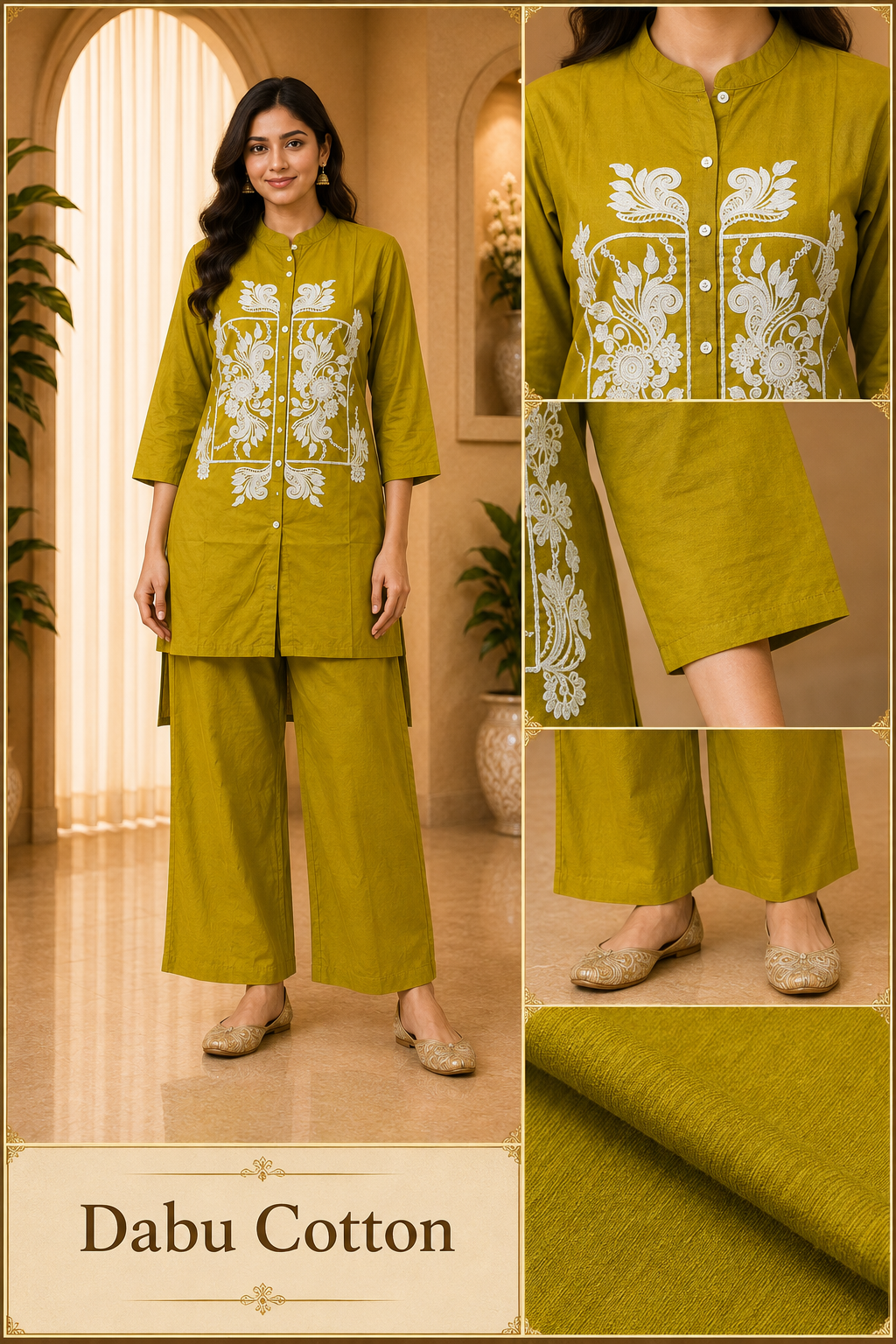 Mustard Olive Dabu Cotton 2-Piece Co-Ord Set with Hand Work Embroidery