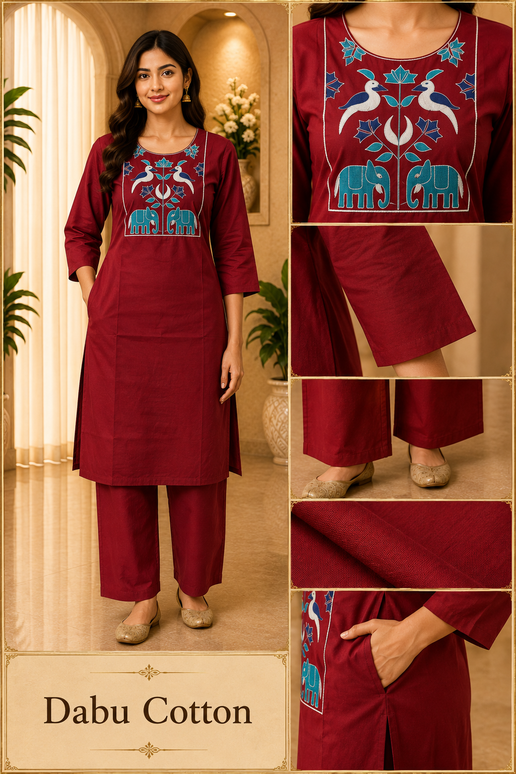 Maroon Dabu Cotton 2-Piece Co-Ord Set with Hand Work Embroidery