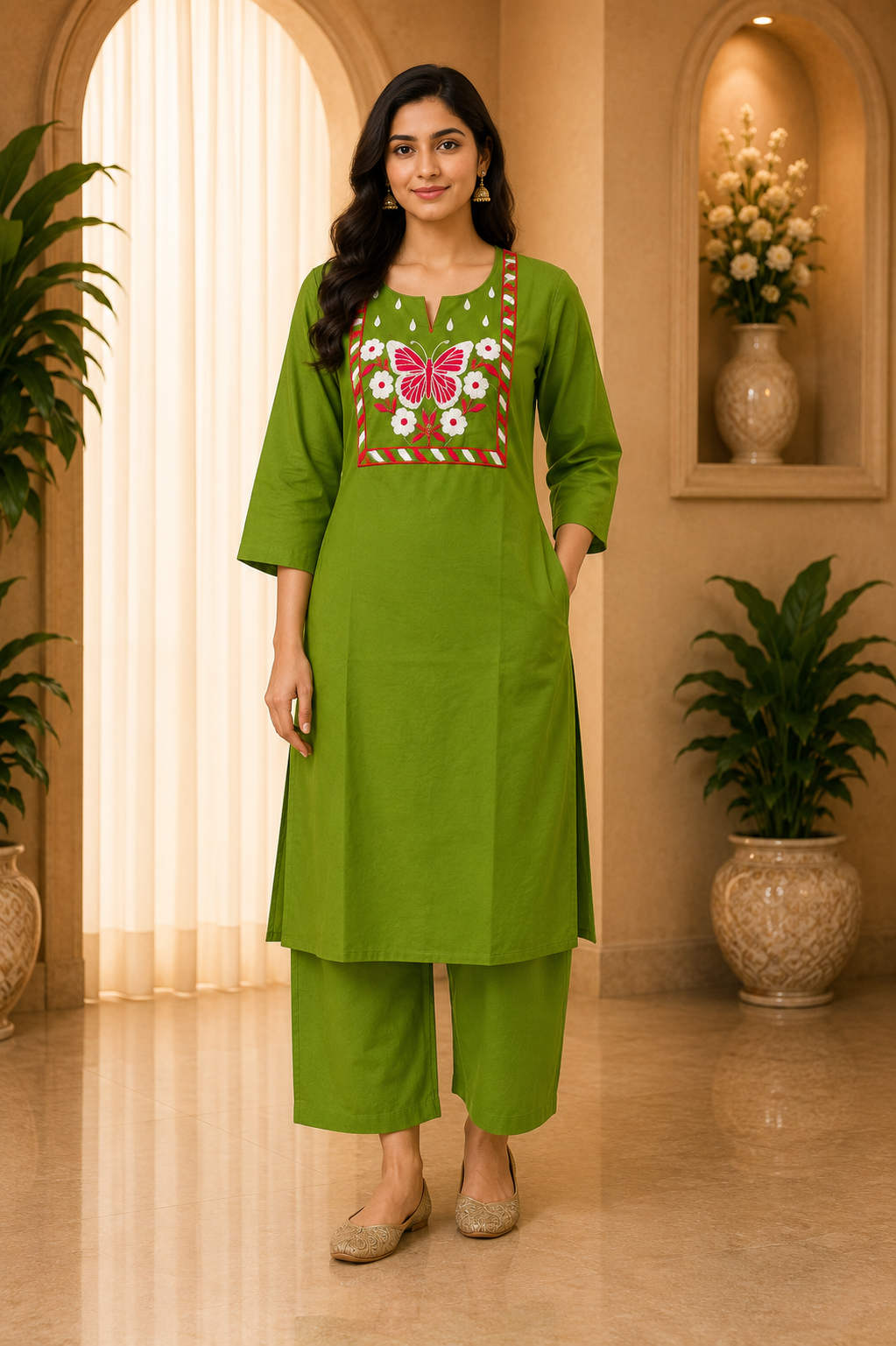 Olive Green Dabu Cotton 2-Piece Co-Ord Set with Hand Work Embroidery