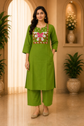 Olive Green Dabu Cotton 2-Piece Co-Ord Set with Hand Work Embroidery