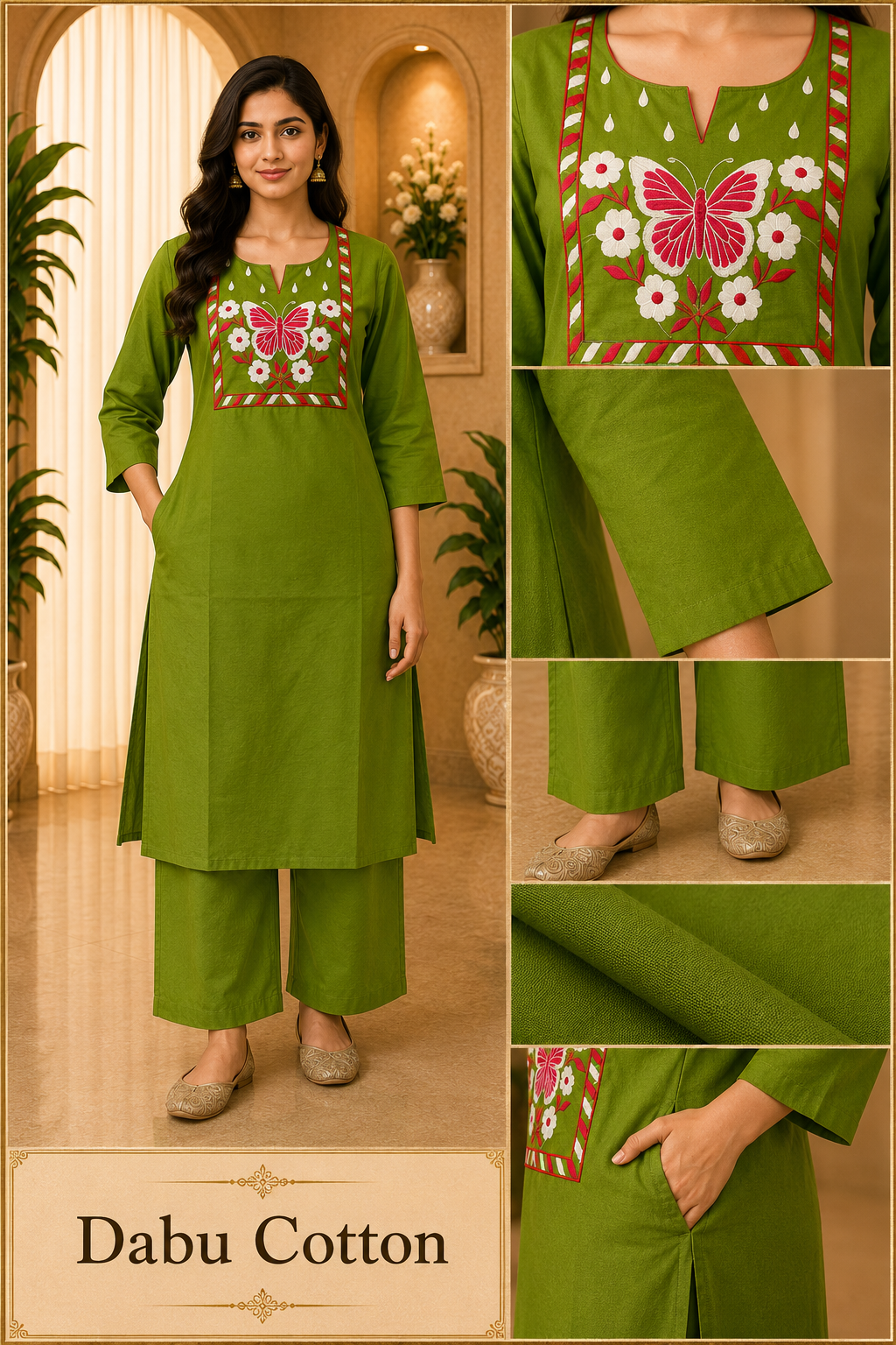 Olive Green Dabu Cotton 2-Piece Co-Ord Set with Hand Work Embroidery