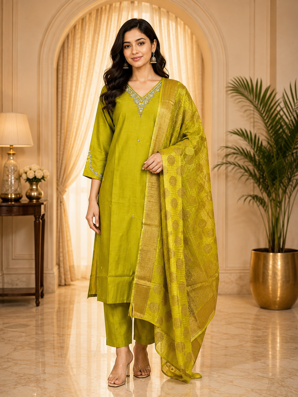 Lime Olive Green Vertican 3-Piece Ethnic Suit Set