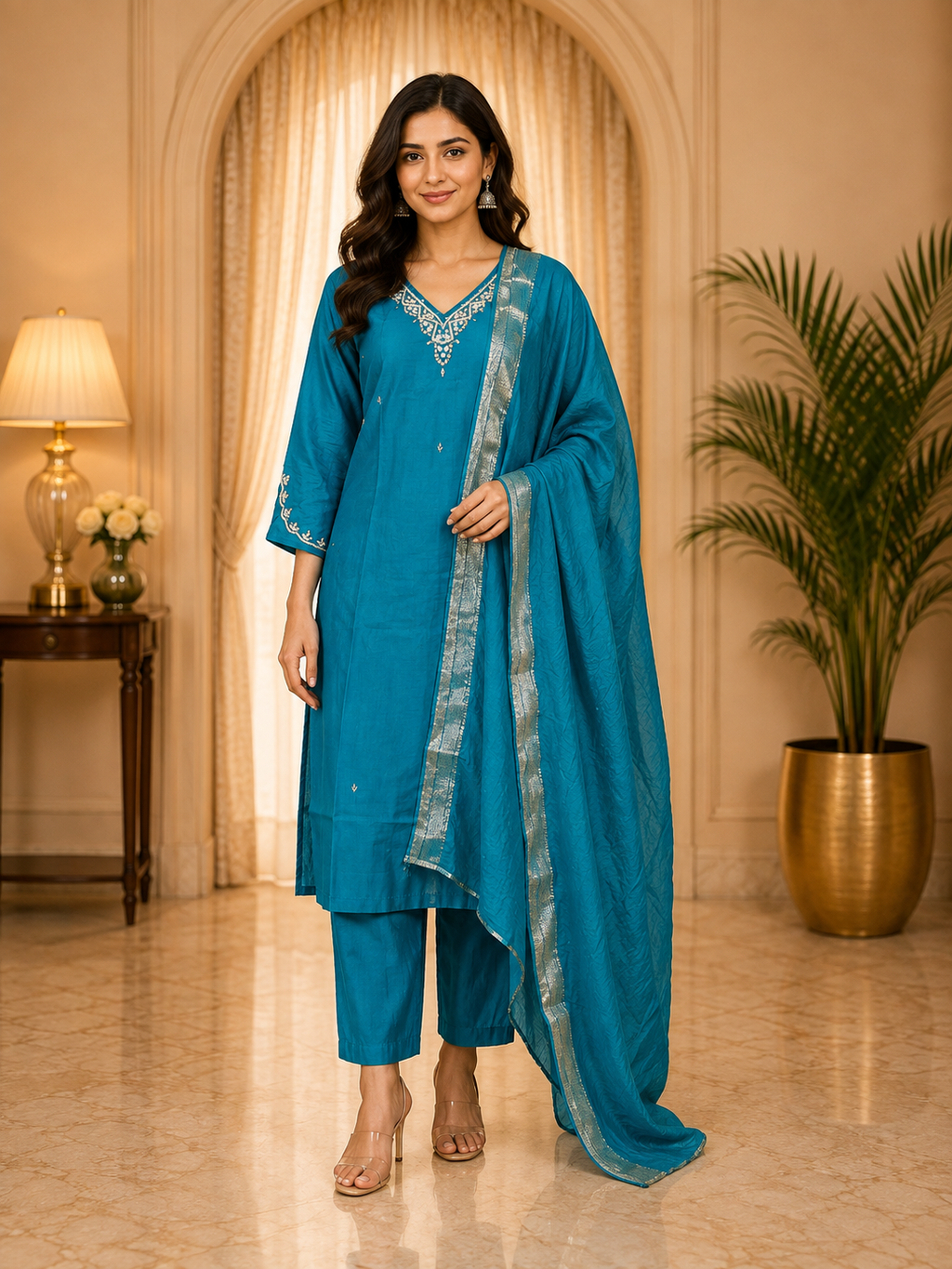 Elegant Teal Blue Vertican 3-Piece Ethnic Suit Set