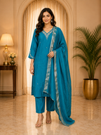 Elegant Teal Blue Vertican 3-Piece Ethnic Suit Set