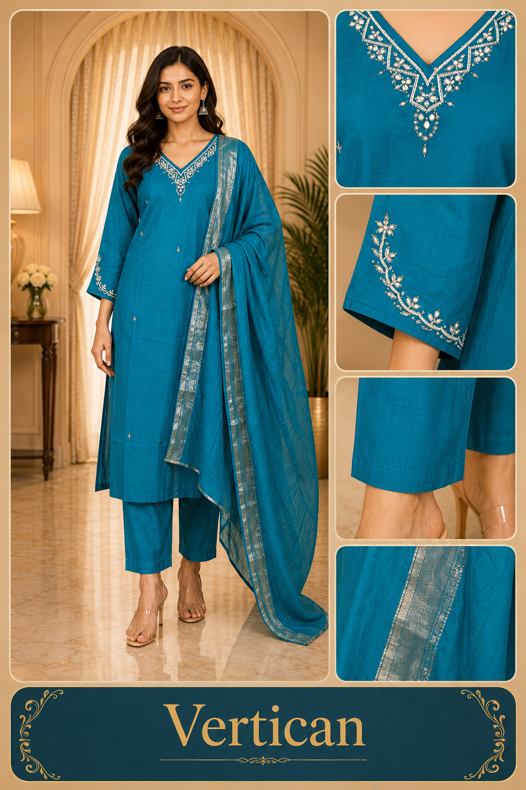 Elegant Teal Blue Vertican 3-Piece Ethnic Suit Set