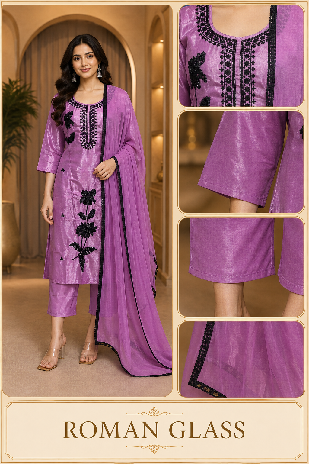 Mauve Pink ROMAN GLASS 3-Piece Stone Work Straight Suit Set