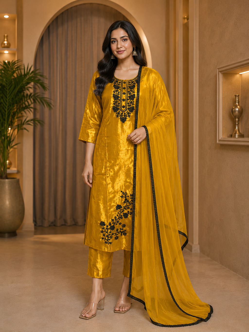 Mustard Yellow ROMAN GLASS 3-Piece Stone Work Straight Suit Set