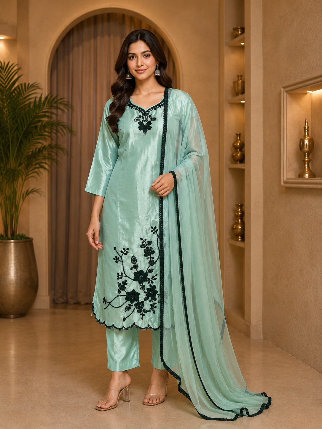 Mint Green ROMAN GLASS 3-Piece Stone Work Straight Suit Set