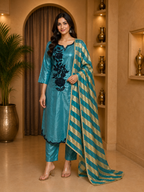 Teal Blue ROMAN GLASS 3-Piece Stone Work Straight Suit Set