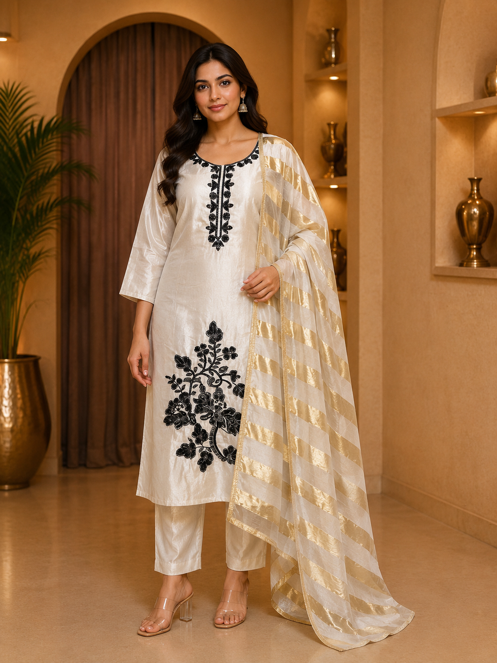 Ivory ROMAN GLASS 3-Piece Straight Suit Set with Black Stone Work