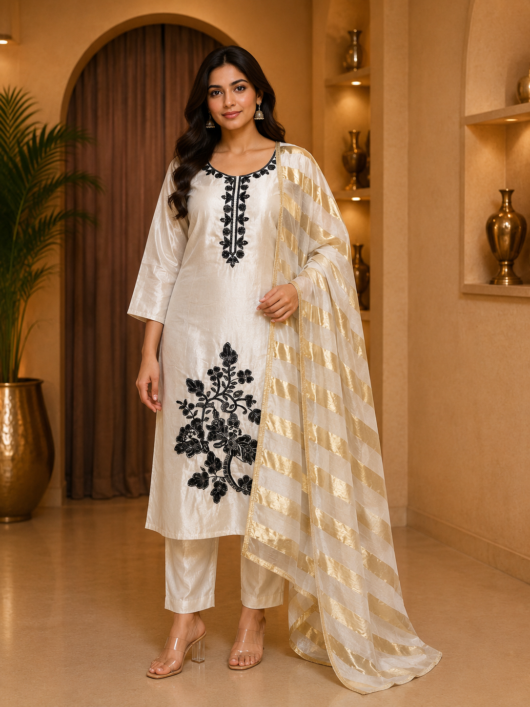 Ivory ROMAN GLASS 3-Piece Straight Suit Set with Black Stone Work