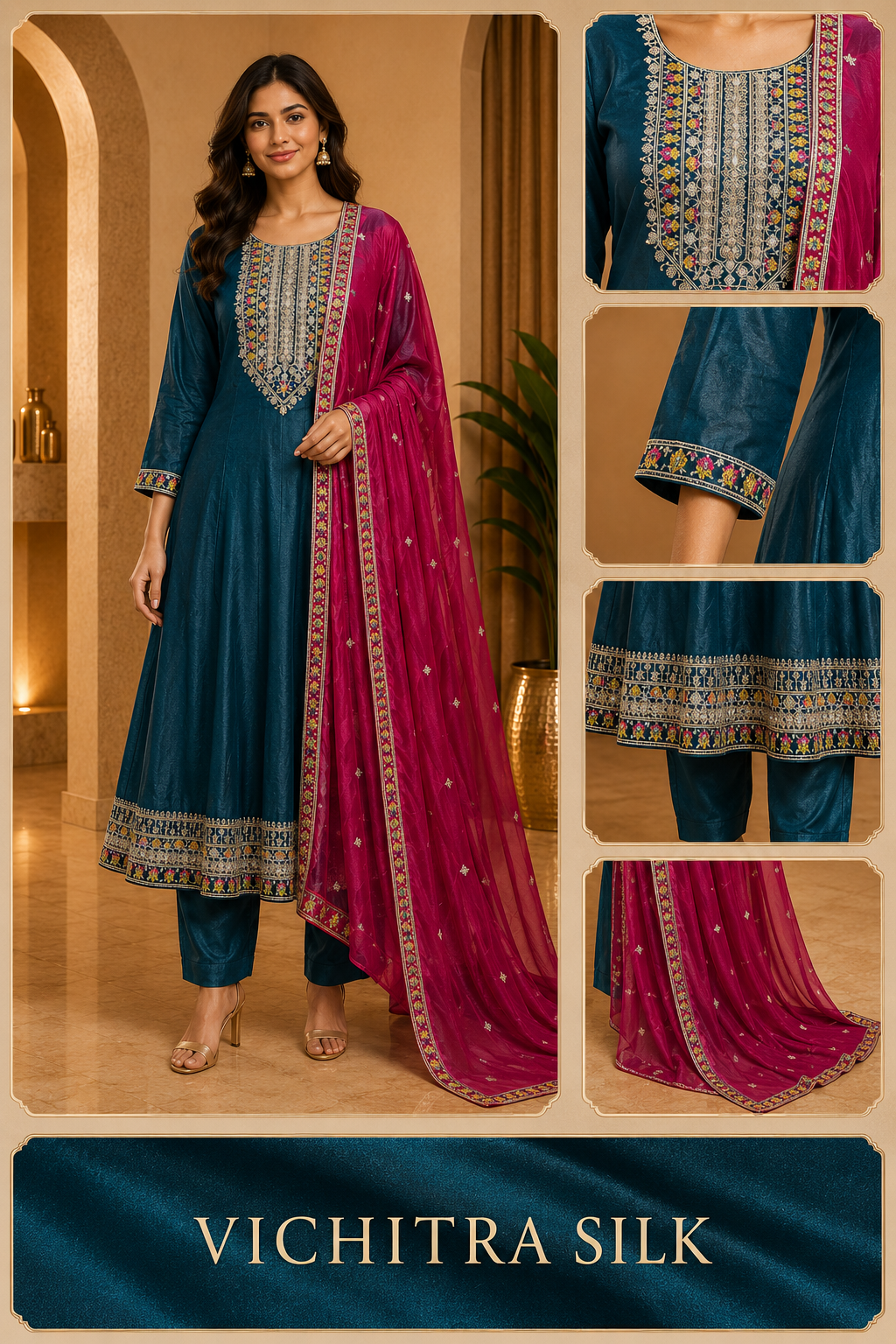 Deep Teal ANAARKALI DRESS in VICHITRA SILK with Contrast Dupatta