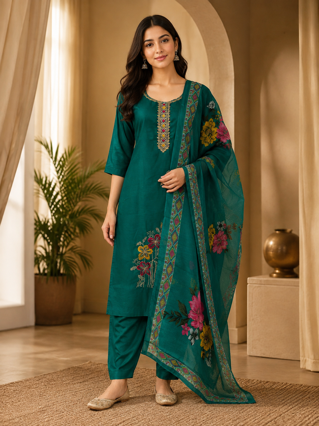 Premium Teal Green ROMAN SILK 3-Piece Ethnic Suit Set with Embroidered Neckline &amp; Printed Dupatta