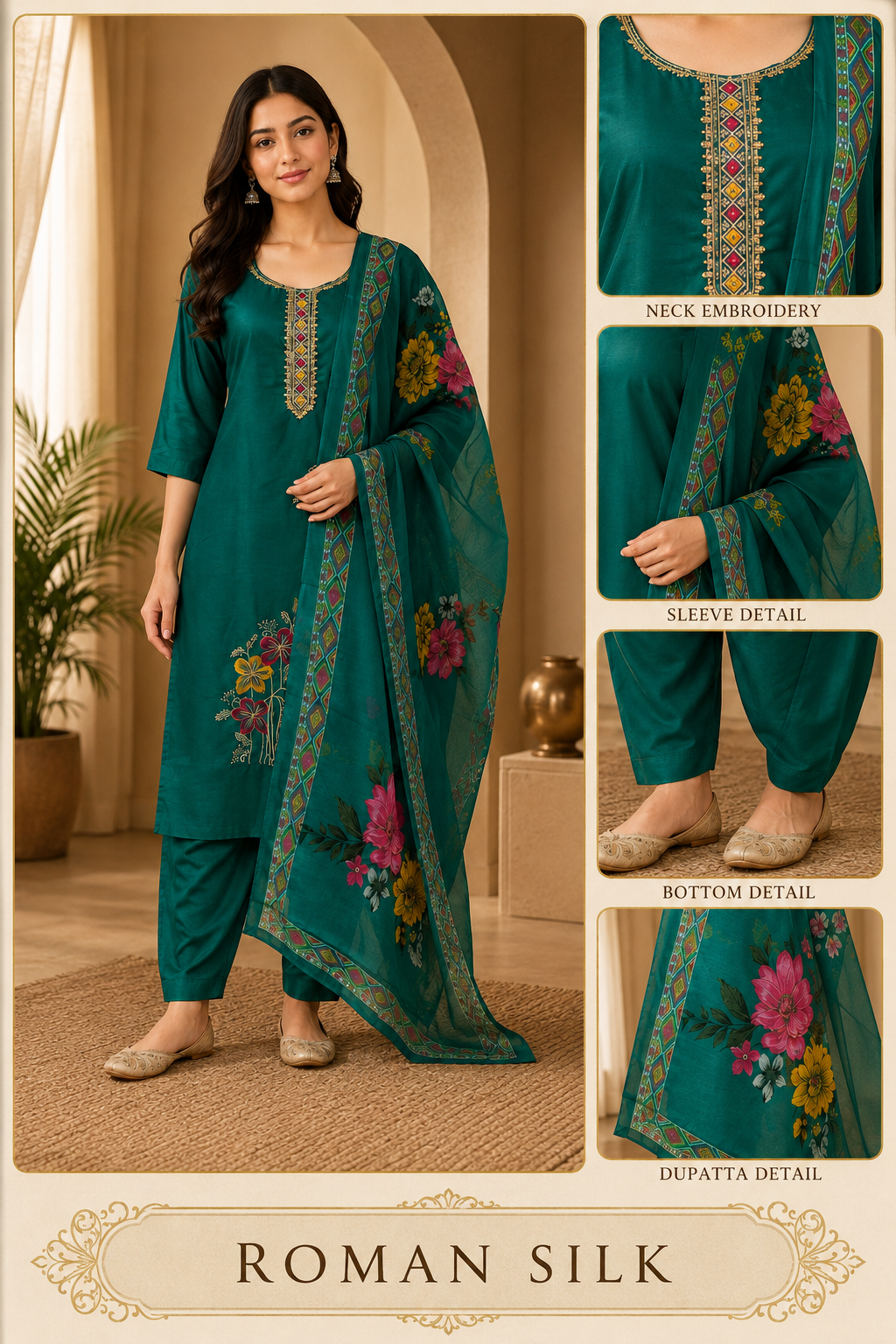 Premium Teal Green ROMAN SILK 3-Piece Ethnic Suit Set with Embroidered Neckline &amp; Printed Dupatta