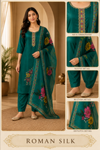 Premium Teal Green ROMAN SILK 3-Piece Ethnic Suit Set with Embroidered Neckline &amp; Printed Dupatta