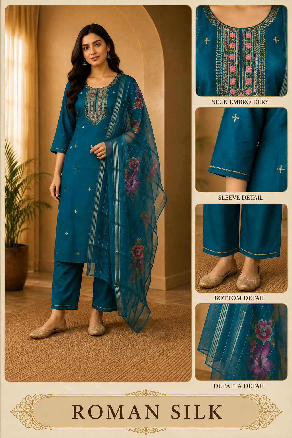 Premium Teal Blue ROMAN SILK 3-Piece Ethnic Suit Set with Embroidered Neckline &amp; Floral Printed Dupatta