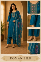 Premium Teal Blue ROMAN SILK 3-Piece Ethnic Suit Set with Embroidered Neckline &amp; Floral Printed Dupatta