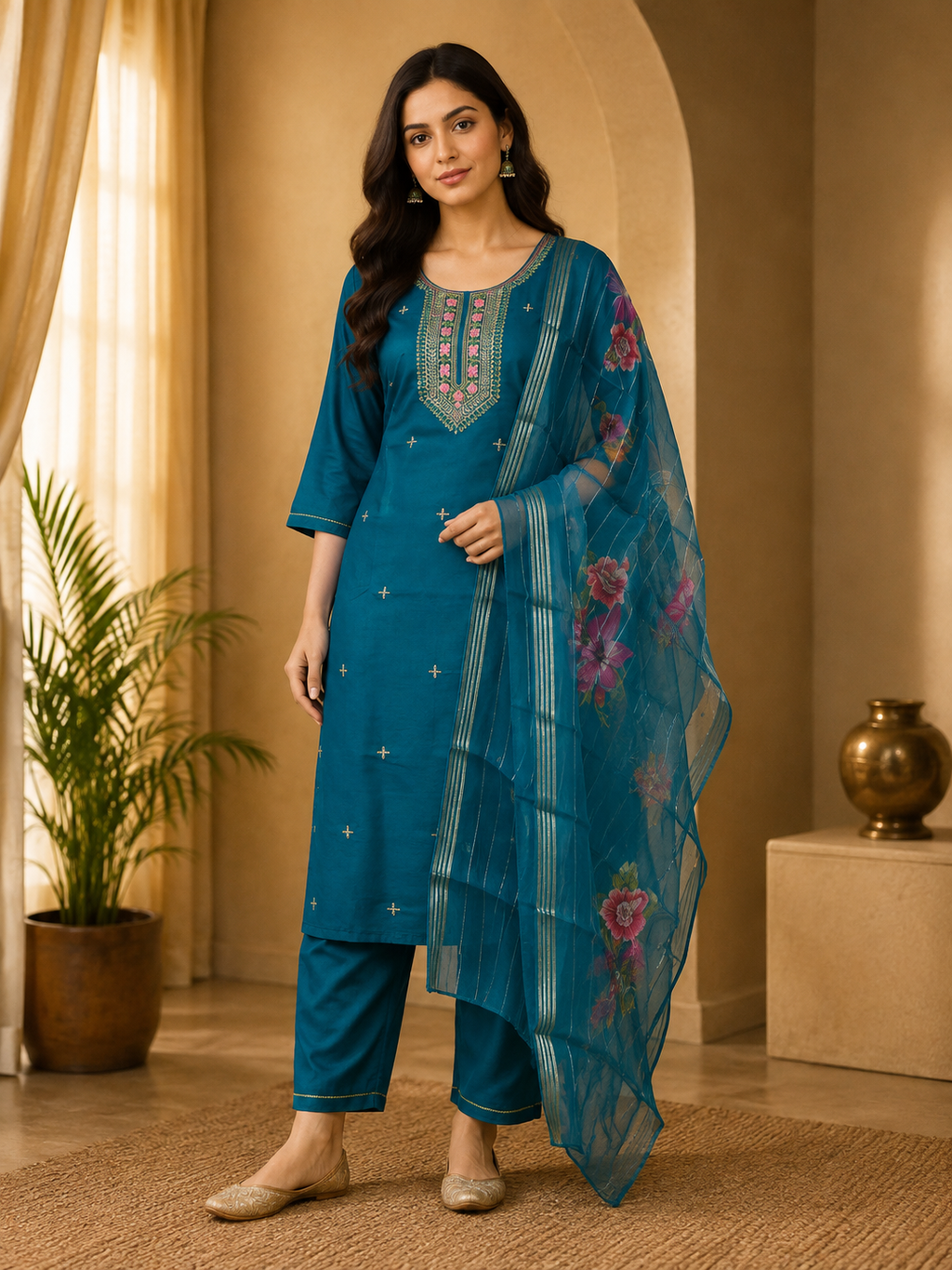 Premium Teal Blue ROMAN SILK 3-Piece Ethnic Suit Set with Embroidered Neckline &amp; Floral Printed Dupatta