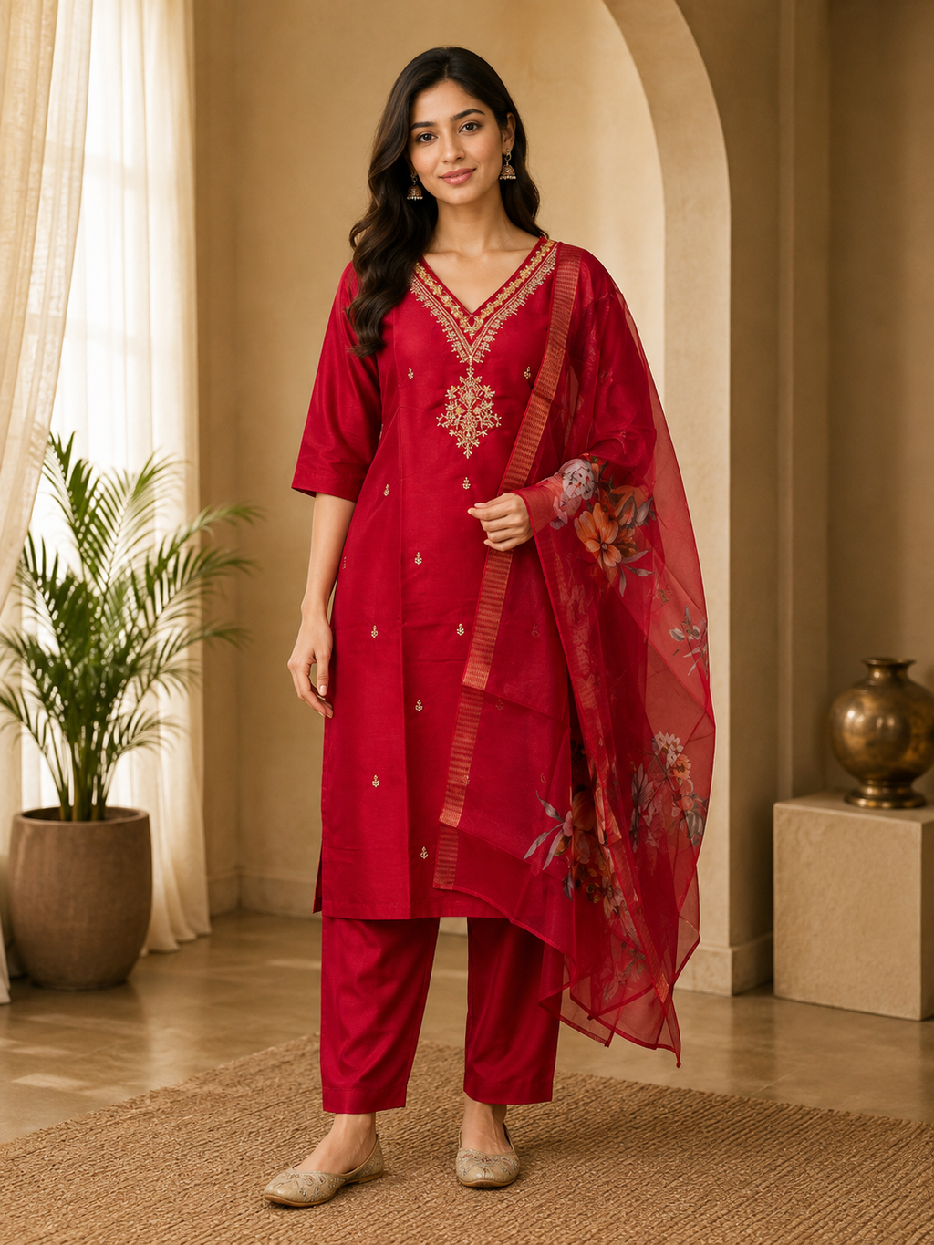 Premium Ruby Red ROMAN SILK 3-Piece Ethnic Suit Set with Embroidered V-Neck & Floral Printed Dupatta