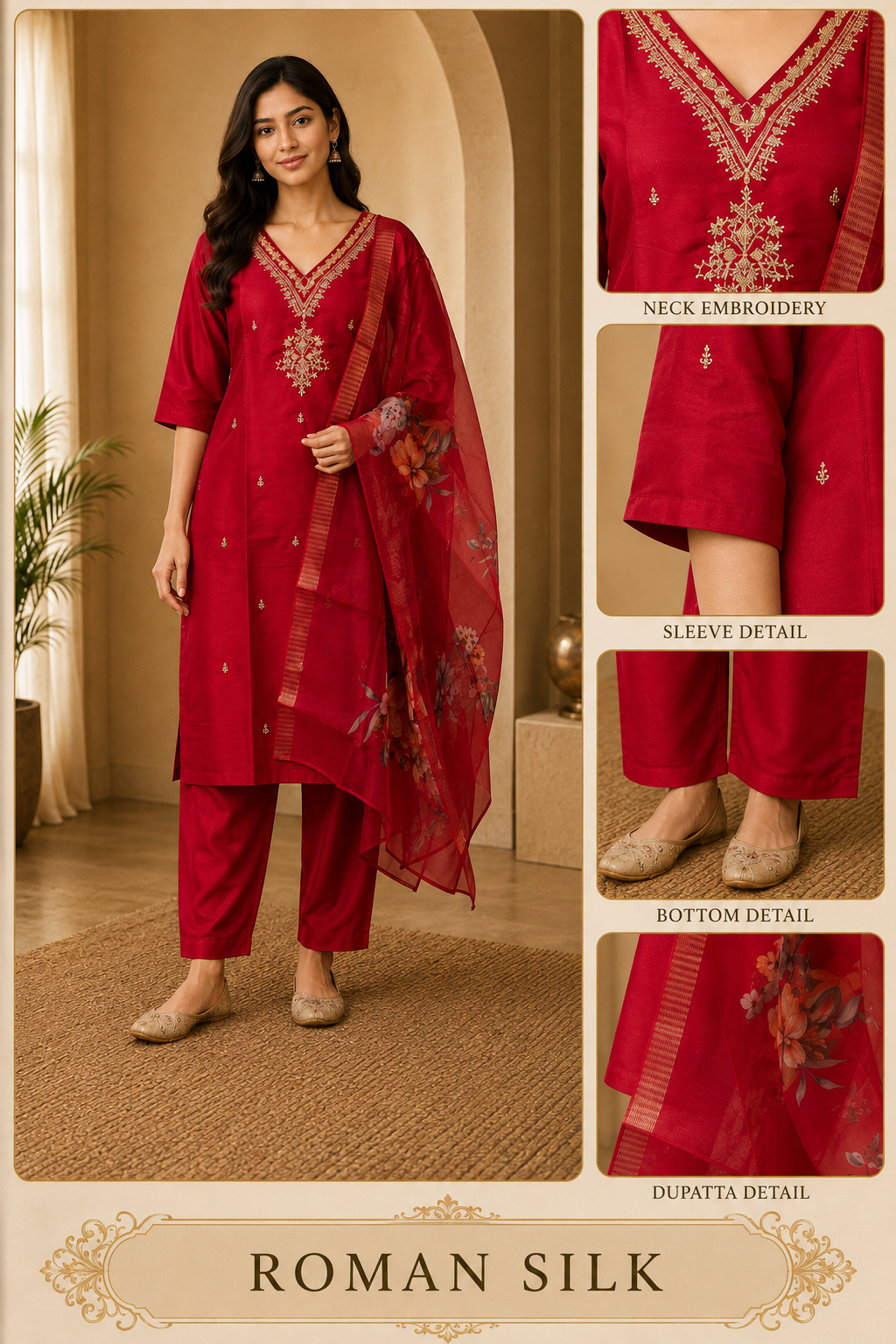Premium Ruby Red ROMAN SILK 3-Piece Ethnic Suit Set with Embroidered V-Neck & Floral Printed Dupatta
