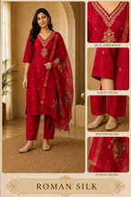 Premium Ruby Red ROMAN SILK 3-Piece Ethnic Suit Set with Embroidered V-Neck & Floral Printed Dupatta