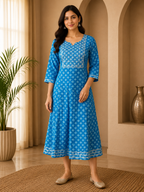 Premium Blue Rayon Round Neck Embroidered 1-Piece Kurti