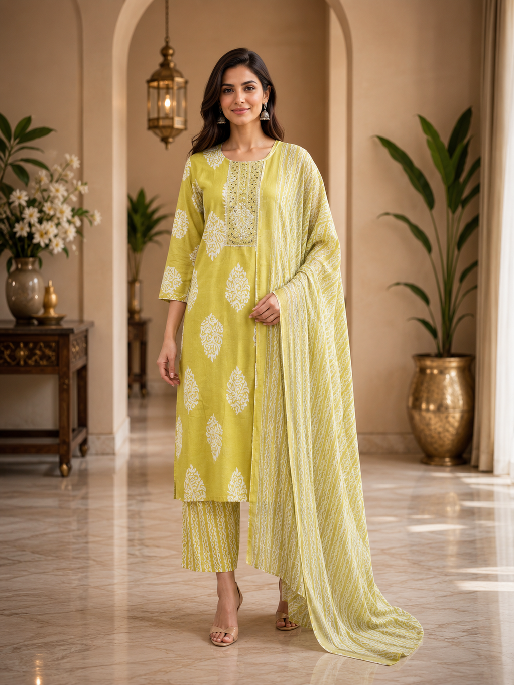 Lime Green & White Cotton 3-Piece Set with Embroidered Neckline