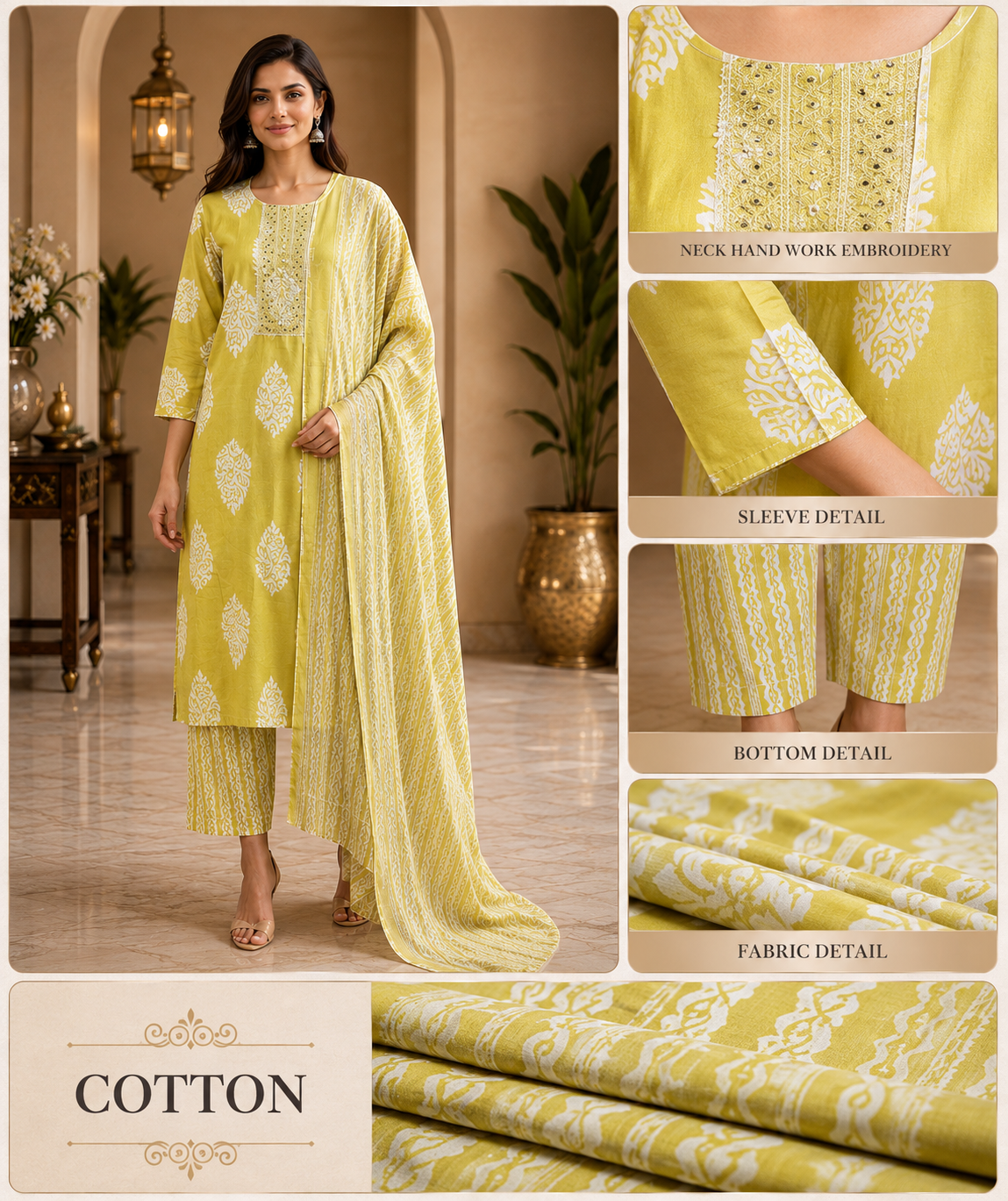 Lime Green & White Cotton 3-Piece Set with Embroidered Neckline