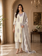 Ivory Purple Floral Cotton 3-piece Set