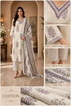Ivory Purple Floral Cotton 3-piece Set