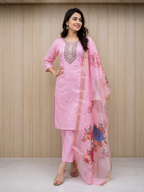Pink Handwork Vertican Suit Set with Dupatta