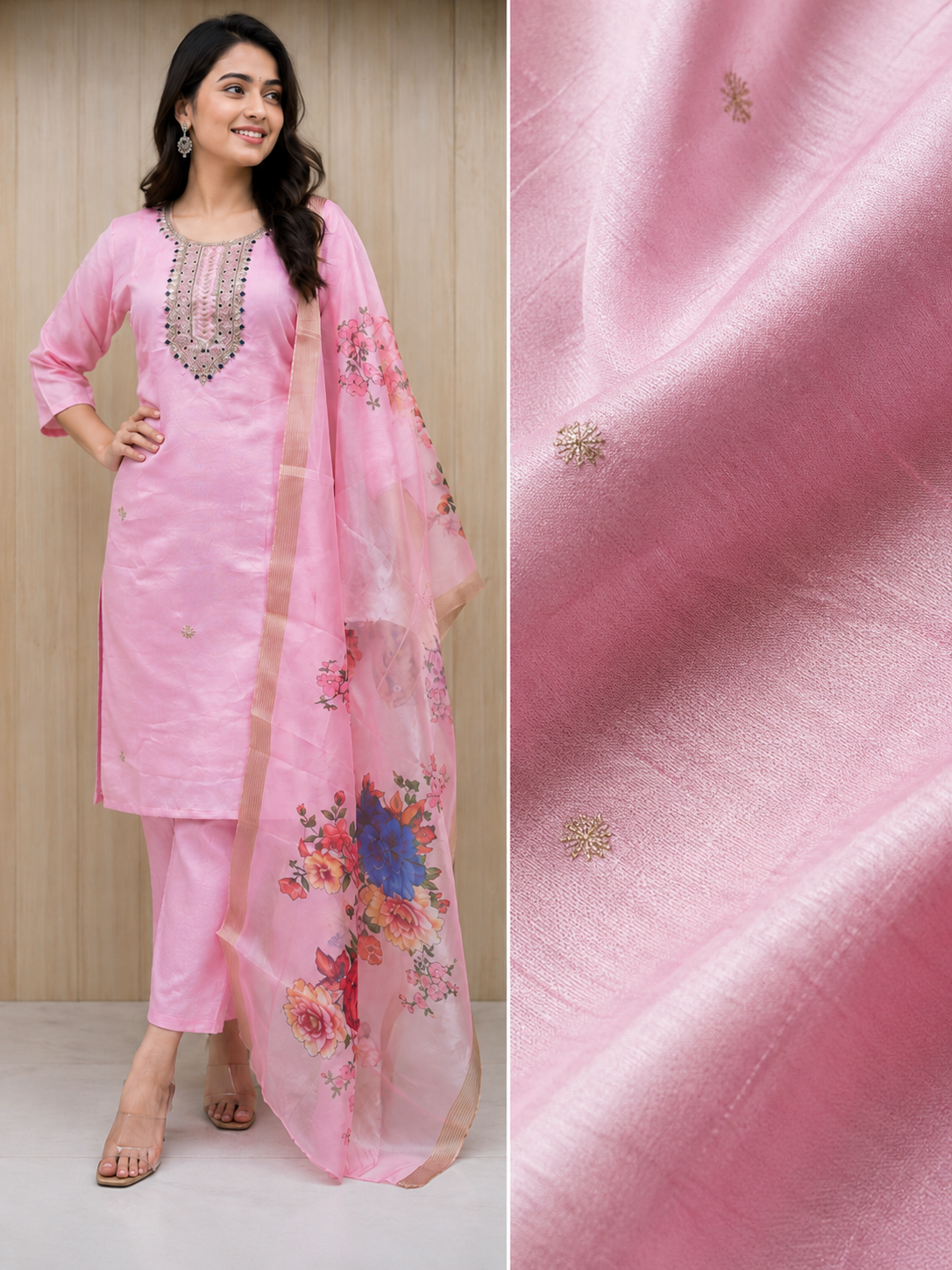 Pink Handwork Vertican Suit Set with Dupatta