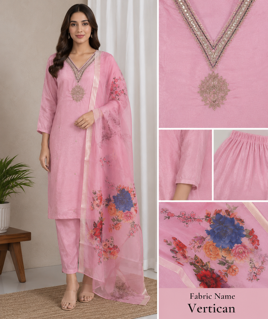 Blush Pink Embroidered Straight Suit Set.
