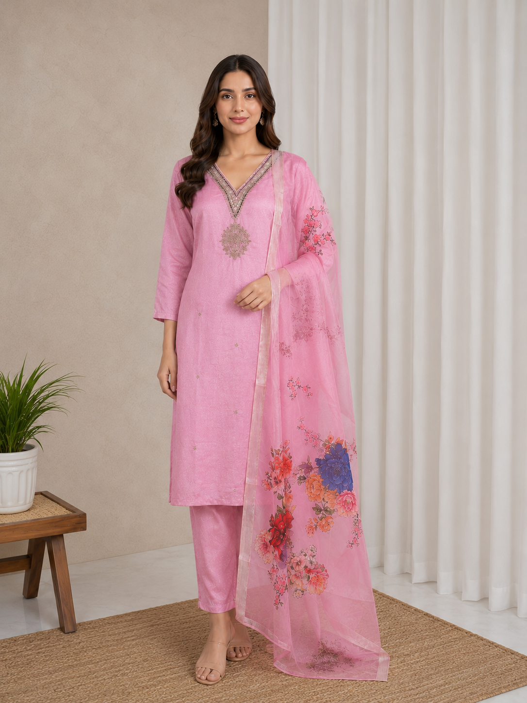 Blush Pink Embroidered Straight Suit Set.