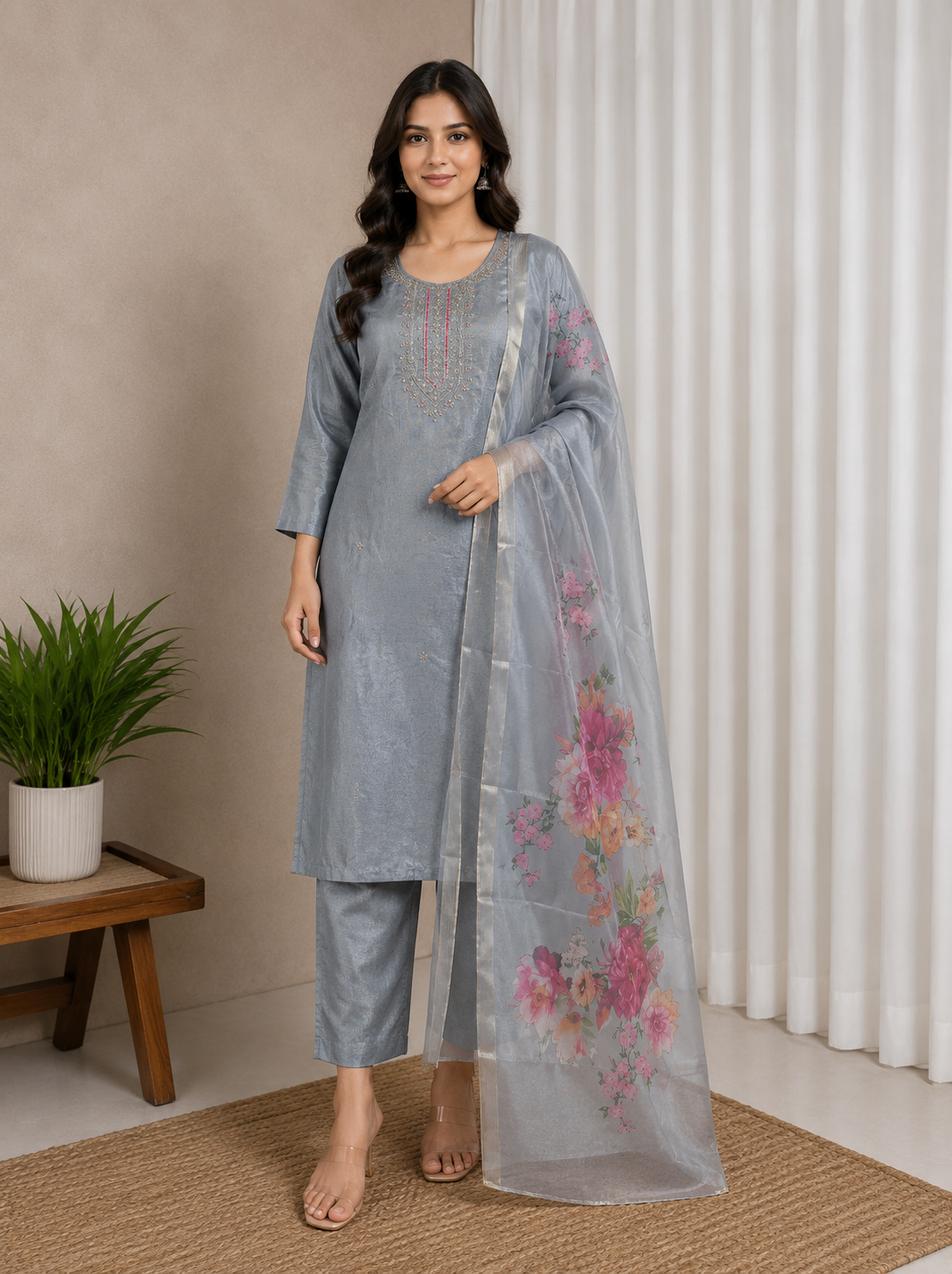Steel Grey Embroidered Straight Suit Set