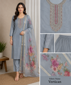 Steel Grey Embroidered Straight Suit Set