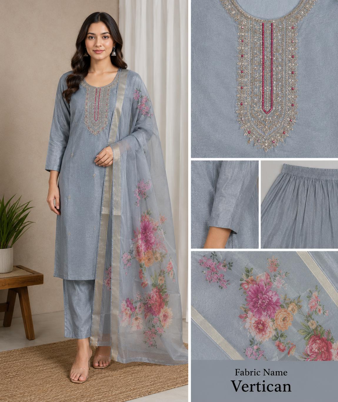 Steel Grey Embroidered Straight Suit Set