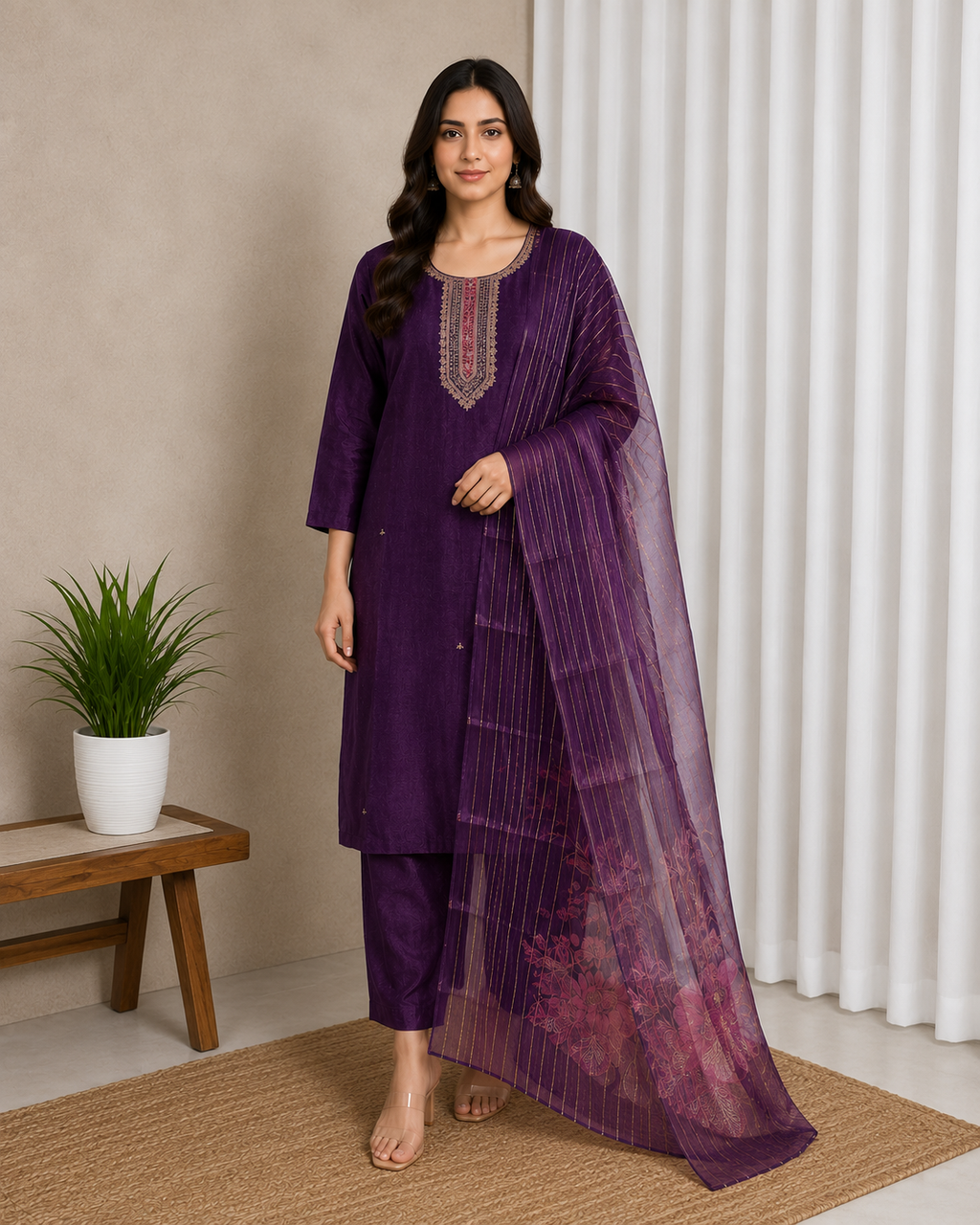 Royal Purple Embroidered Straight Suit Set