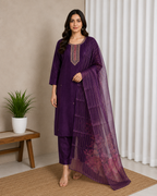 Royal Purple Embroidered Straight Suit Set