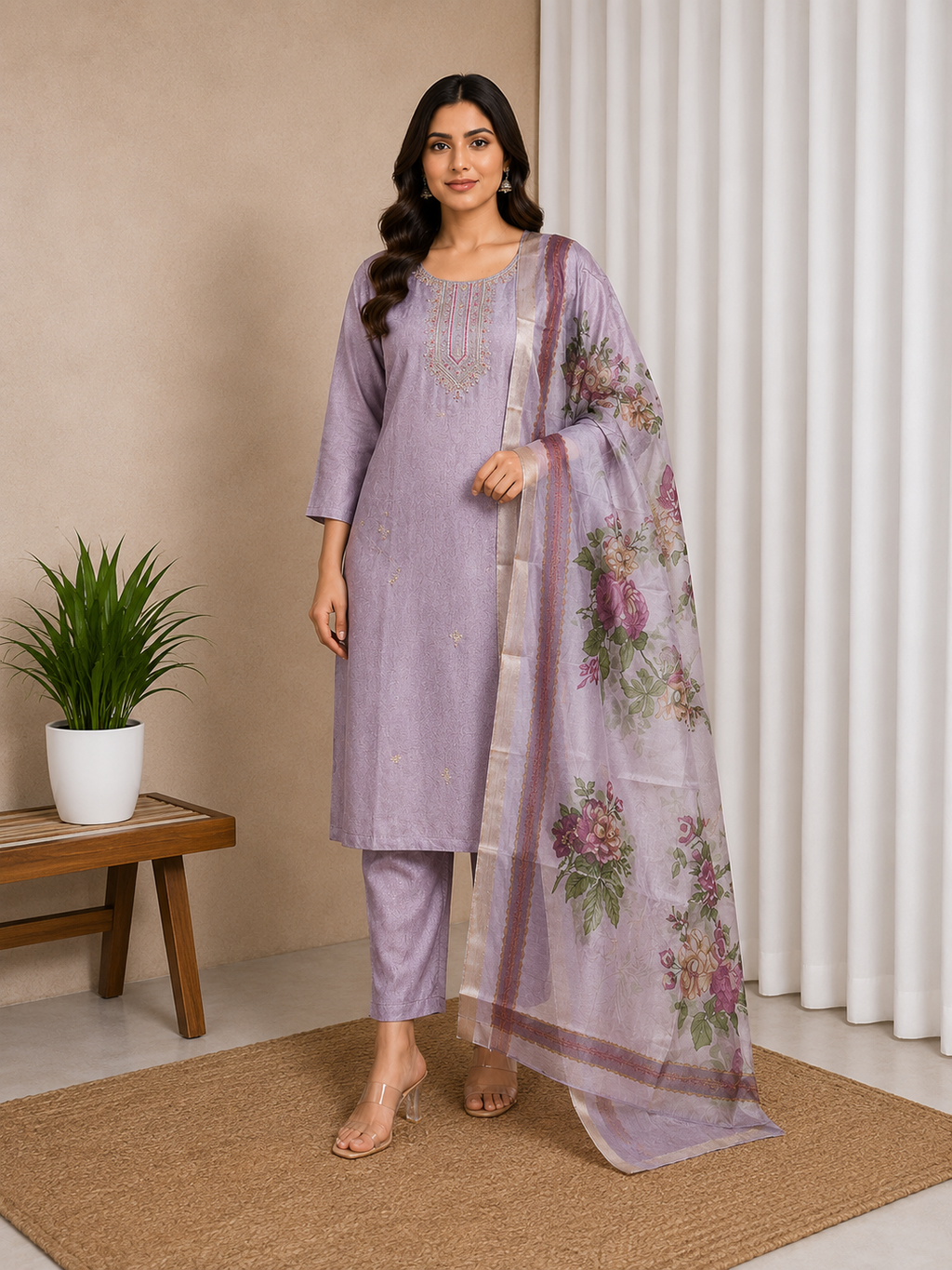 Lavender Embroidered Straight Suit Set
