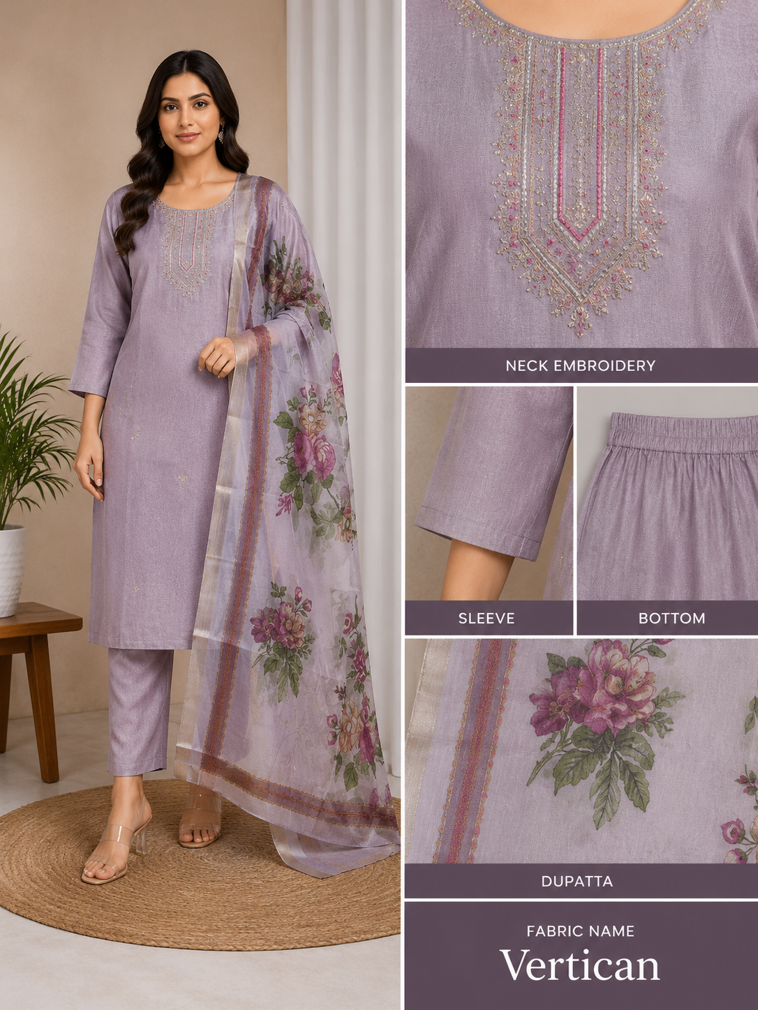 Lavender Embroidered Straight Suit Set