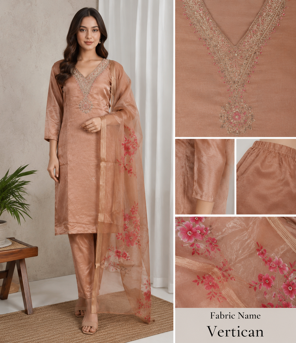 Dusty Peach Embroidered Straight Suit Set,