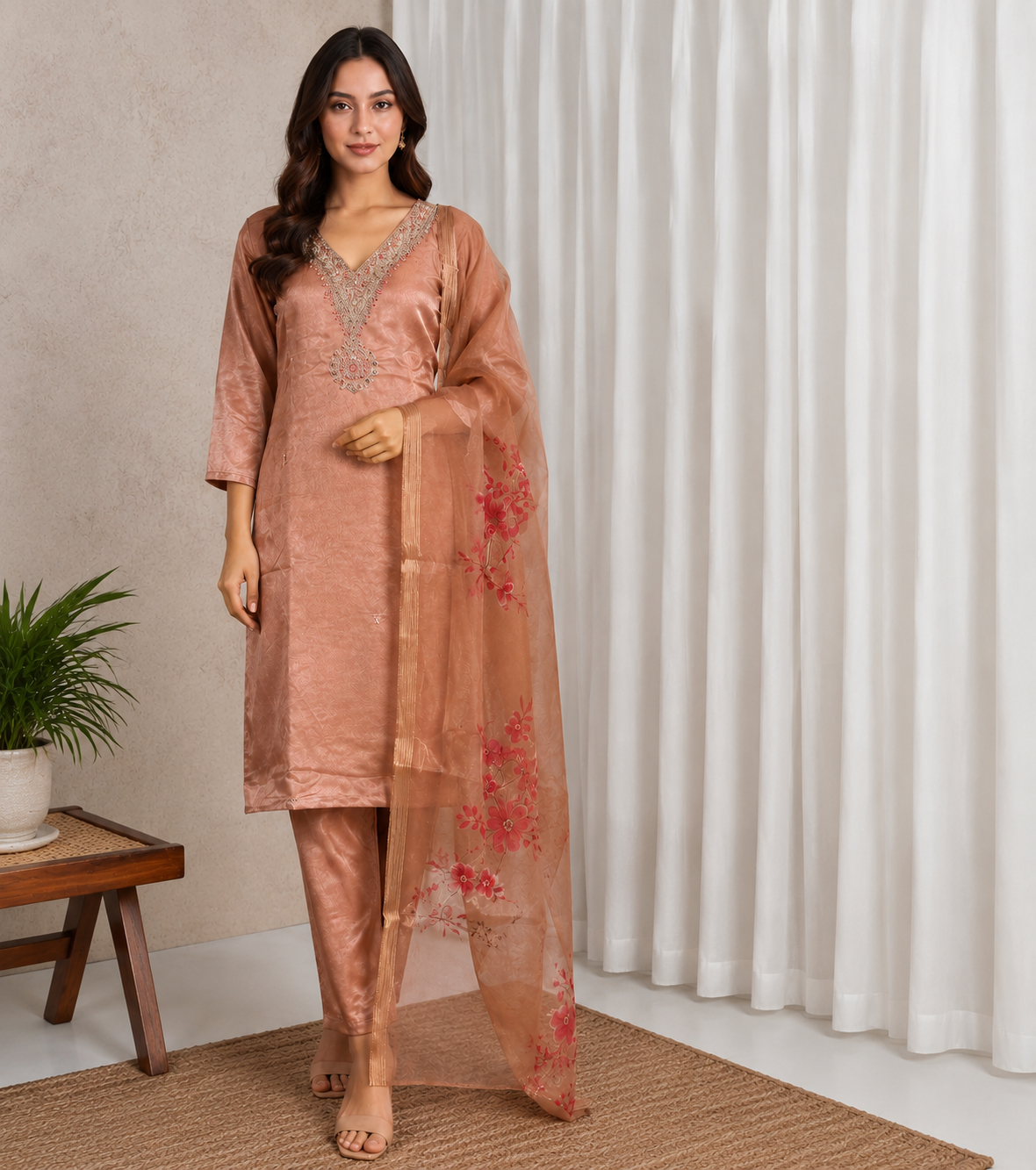 Dusty Peach Embroidered Straight Suit Set,