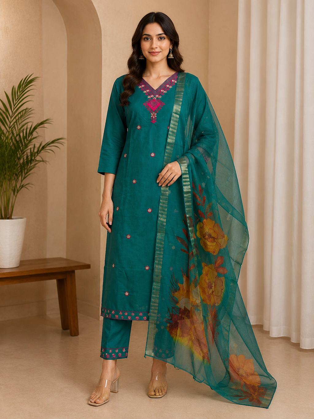 Emerald Green Roman Silk 3-piece kurta set