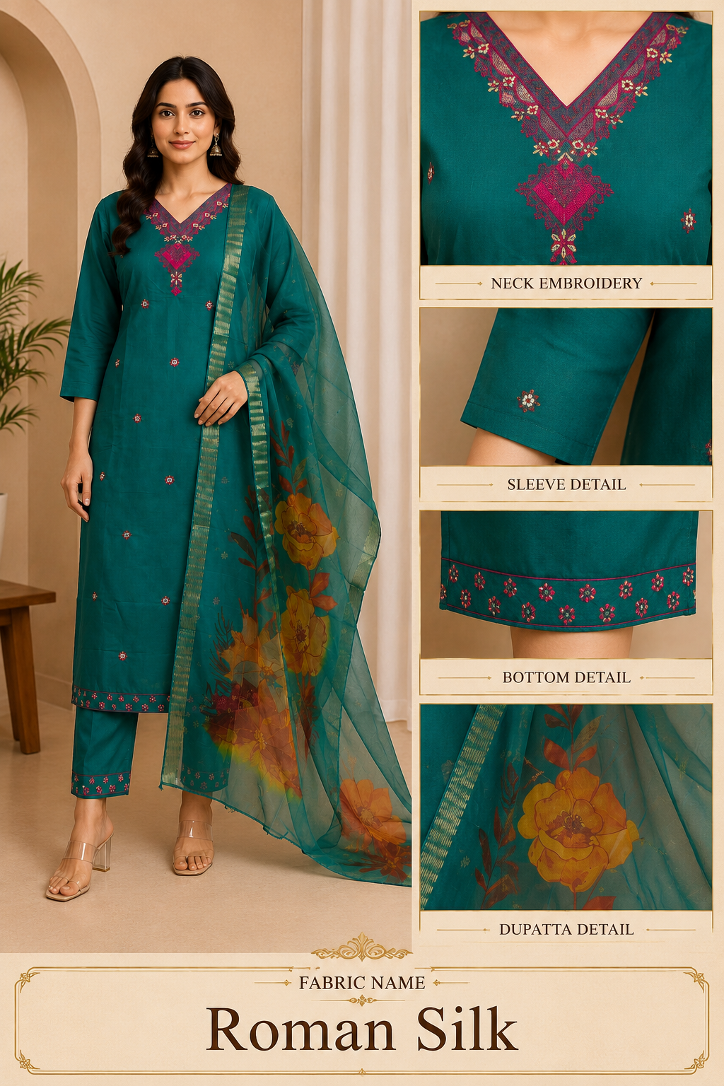 Emerald Green Roman Silk 3-piece kurta set