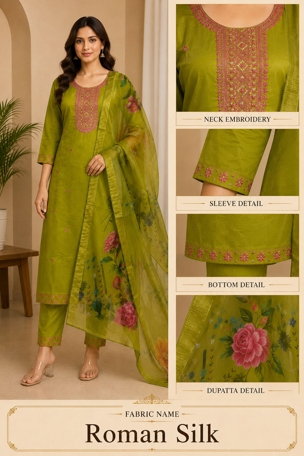Olive Green Roman Silk 3-piece kurta set