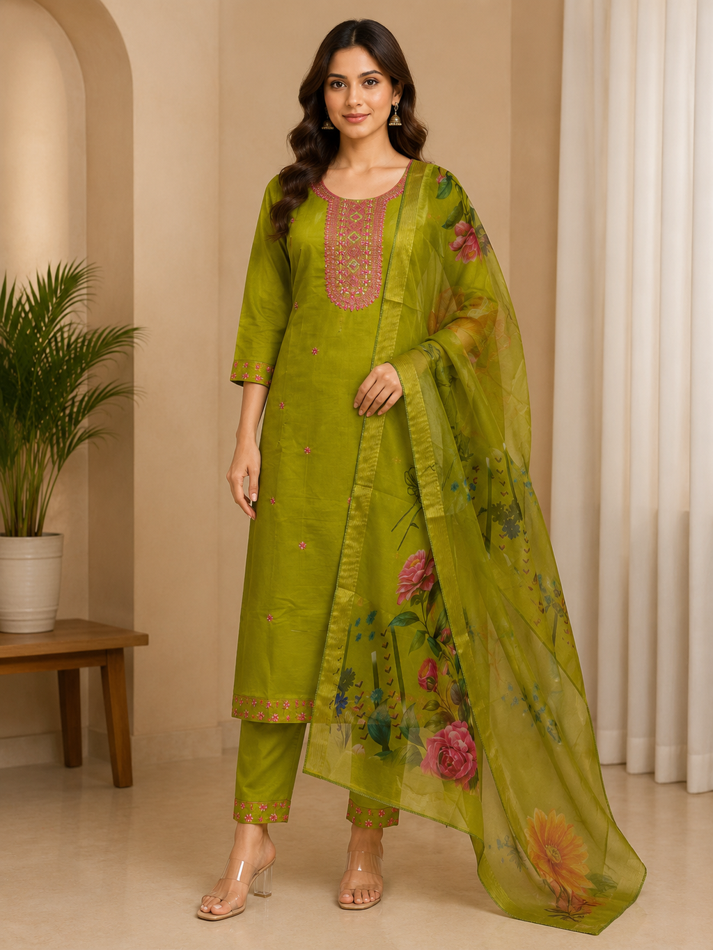 Olive Green Roman Silk 3-piece kurta set