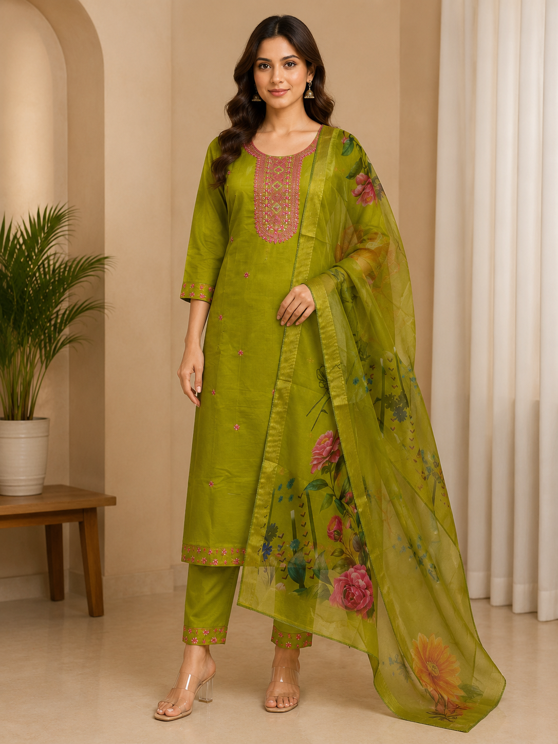 Olive Green Roman Silk 3-piece kurta set