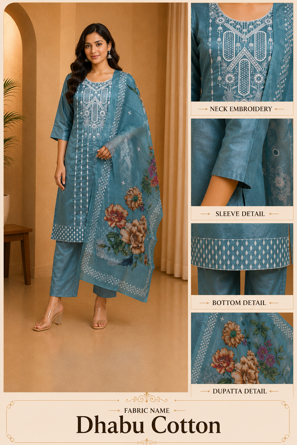 Teal Blue Dhabu Cotton Ethnic Suit Set with Printed Dupatta