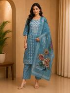 Teal Blue Dhabu Cotton Ethnic Suit Set with Printed Dupatta